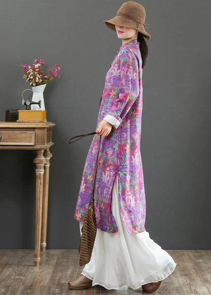 Stand Collar Chinese Button Spring Outfit Catwalk Purple Print Maxi Dresses