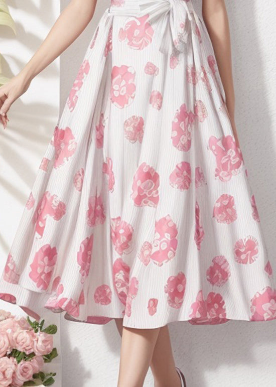 Stand Collar Print Tie Waist Silk Dresses Summer