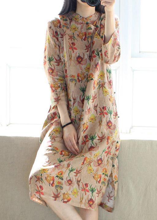 Stand Collar Side Open Dresses Tunic Tops Print Long Dress