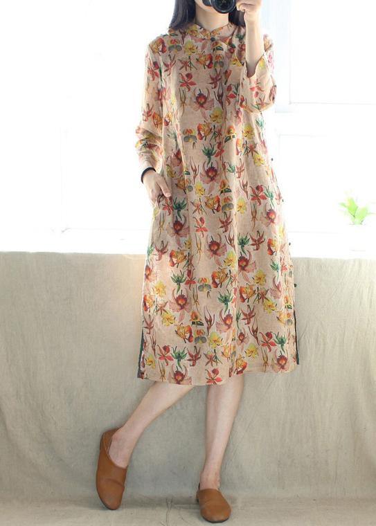 Stand Collar Side Open Dresses Tunic Tops Print Long Dress
