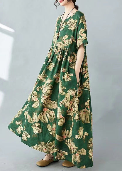 Tea Green Oversized Print Cotton Holiday Dress Summer
