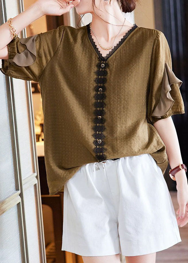 Tea Green V Neck Ruffled Lace Patchwork Cotton Shirt Tops Summer