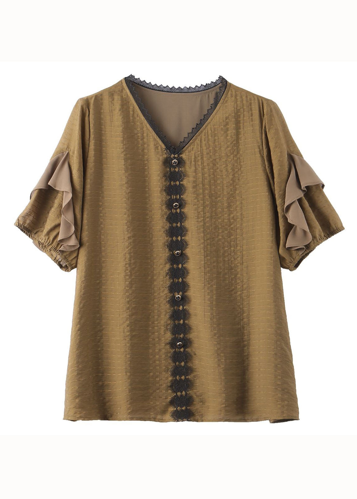Tea Green V Neck Ruffled Lace Patchwork Cotton Shirt Tops Summer