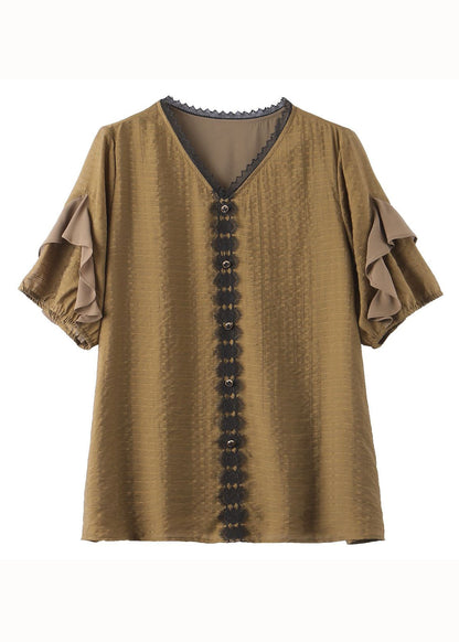Tea Green V Neck Ruffled Lace Patchwork Cotton Shirt Tops Summer