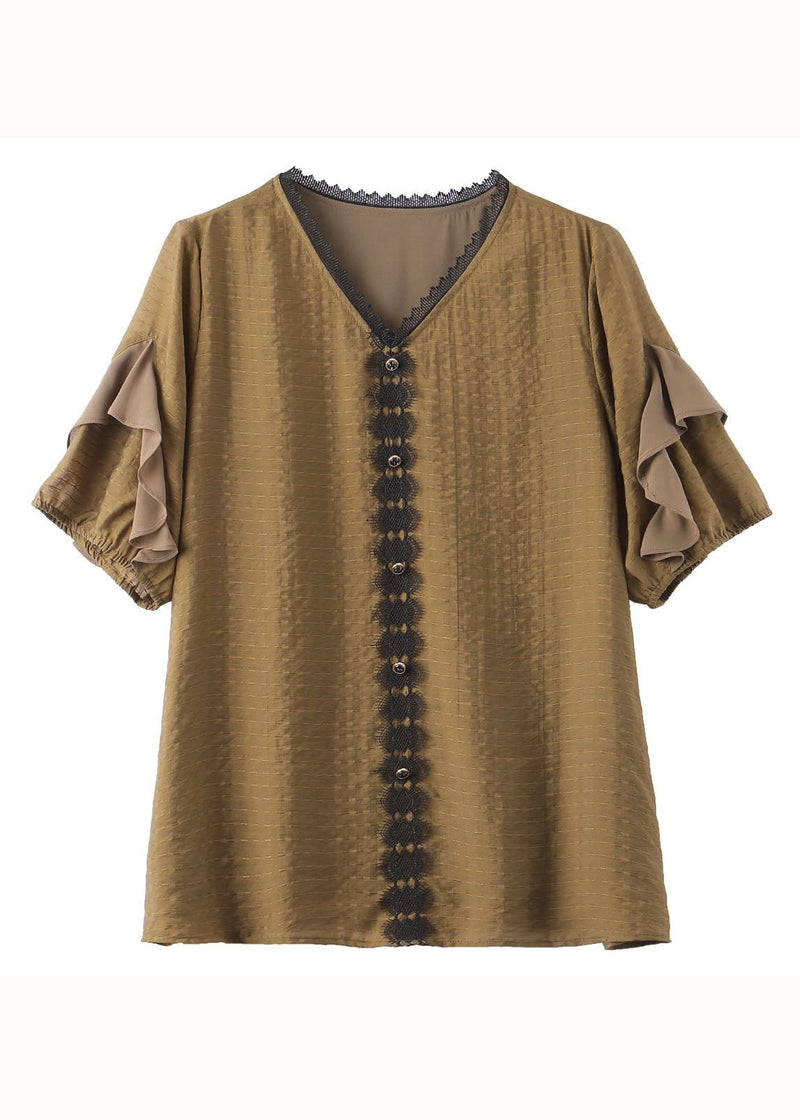 Tea Green V Neck Ruffled Lace Patchwork Cotton Shirt Tops Summer