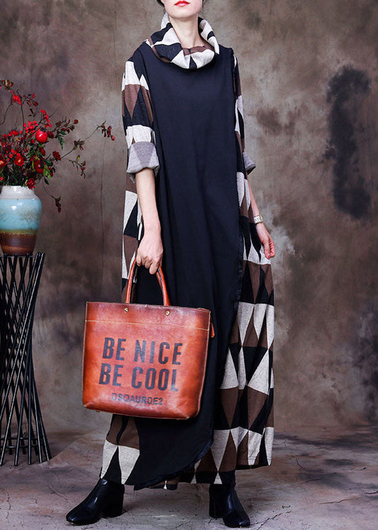 Turtleneck Plaid Patchwork Fall Long Sleeve Dress