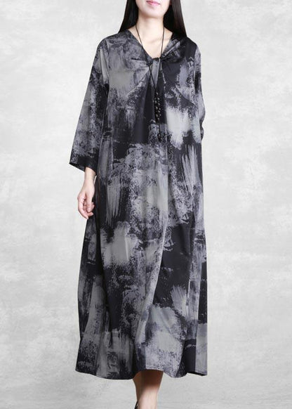 V Neck Asymmetric Quilting Clothes Design Gray Print Maxi Dress