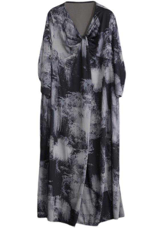 V Neck Asymmetric Quilting Clothes Design Gray Print Maxi Dress