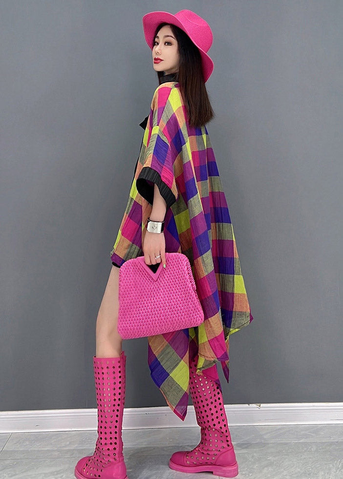 V Neck Asymmetrical Low High Design Plaid Dress Long Sleeve