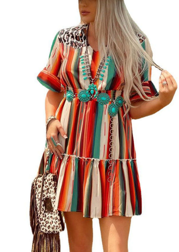 V Neck Multi Striped Print Cinch Pleated Dresses Short Sleeve