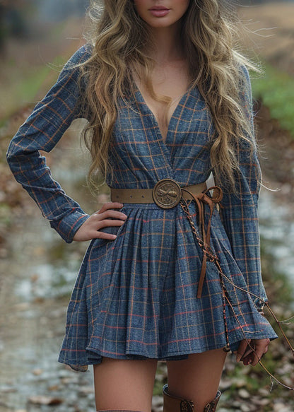 V Neck Plaid Wrinkled Cotton Dress Long Sleeve