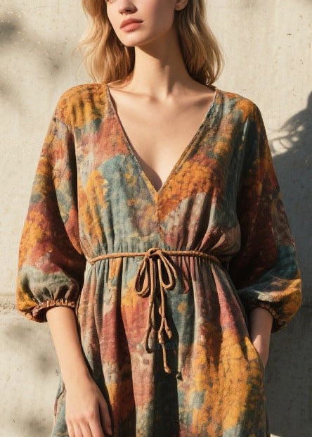 V Neck Print Cotton Ankle Dress Half Sleeve