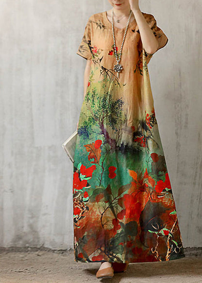 V Neck Print Linen Long Dress Short Sleeve