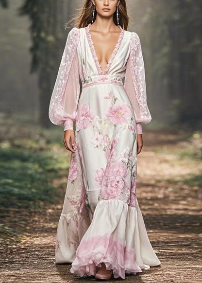 V Neck Print Patchwork Chiffon Maxi Dresses Spring