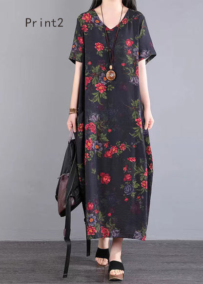 V Neck Print Patchwork Cotton Long Dresses Summer