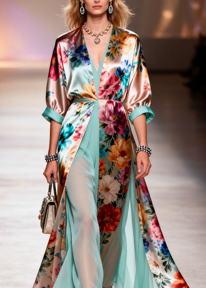 V Neck Print Patchwork Silk Dresses Summer