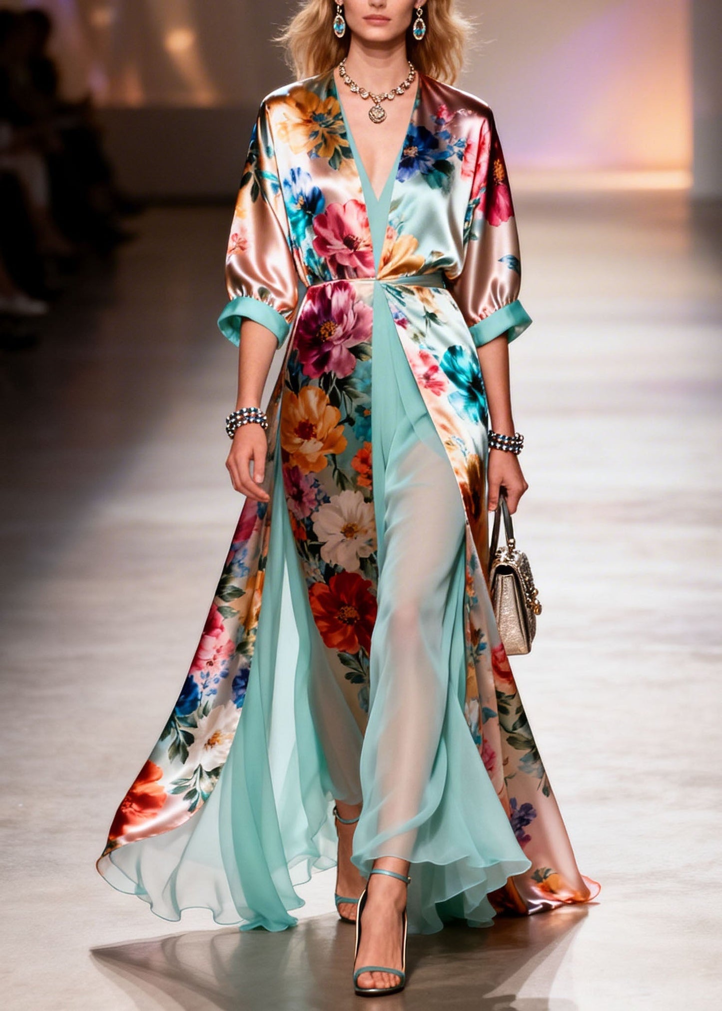 V Neck Print Patchwork Silk Dresses Summer