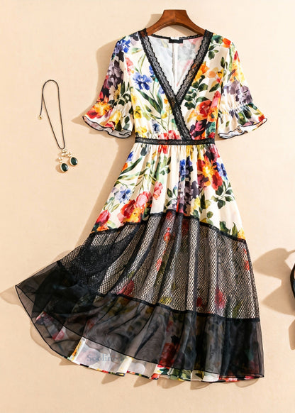 V Neck Print Tulle Patchwork Long Dress Summer
