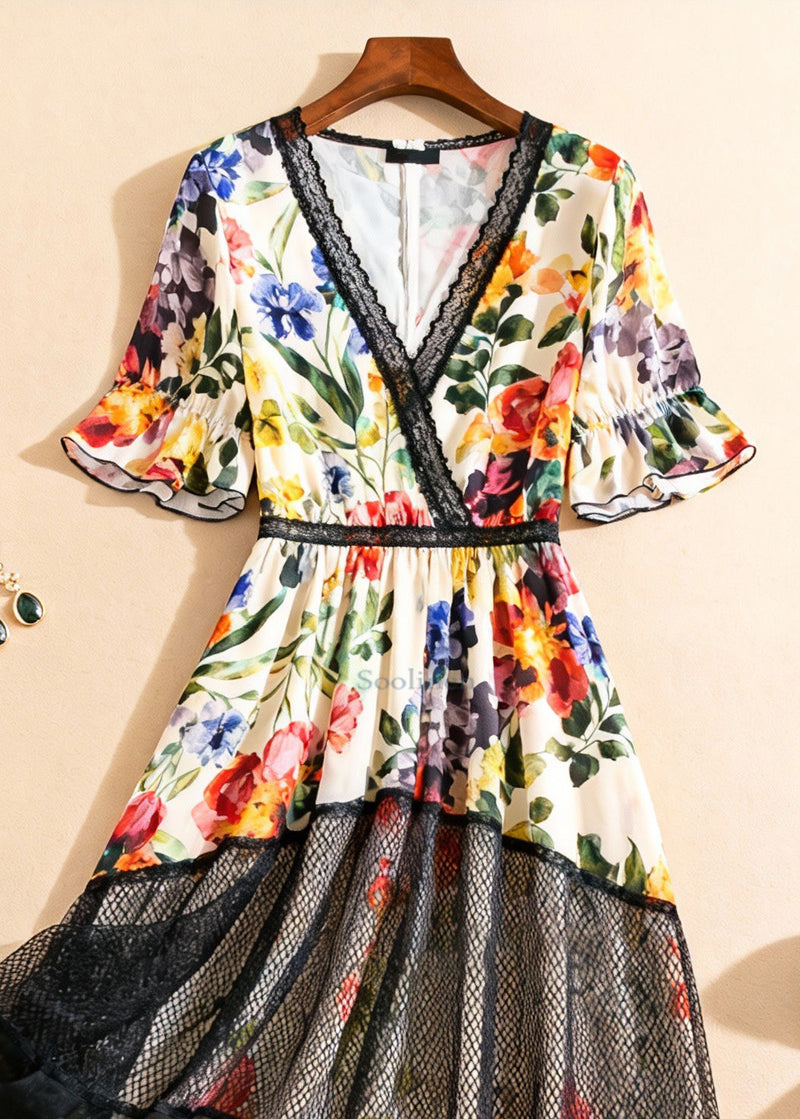 V Neck Print Tulle Patchwork Long Dress Summer