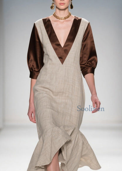 V Neck Ruffled Patchwork Linen Silk Dress Summer