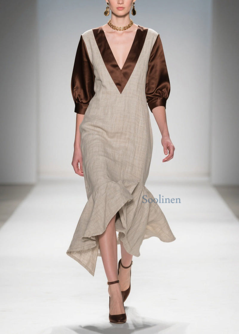 V Neck Ruffled Patchwork Linen Silk Dress Summer