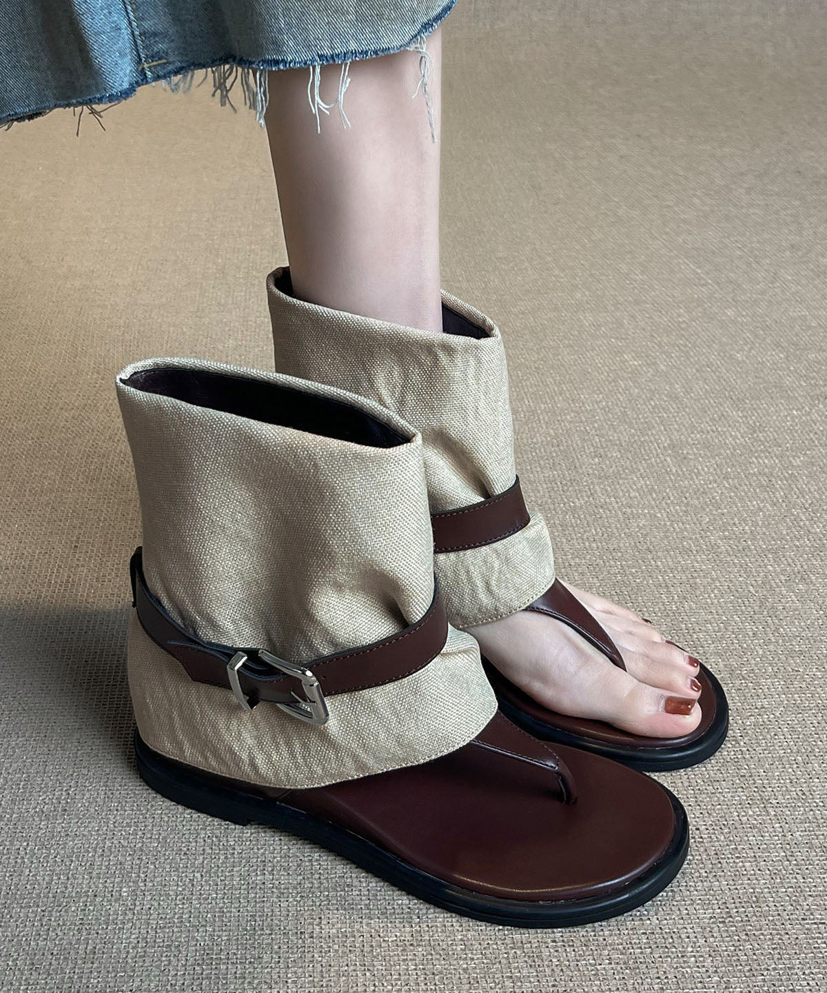 Wedge Flip Flops Boots Brown Sheepskin