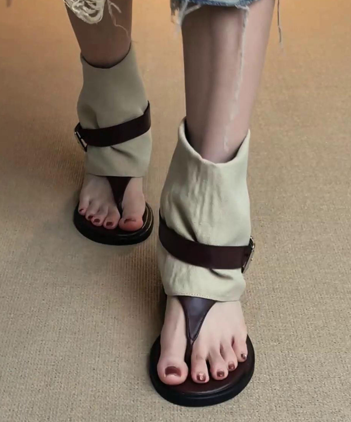 Wedge Flip Flops Boots Brown Sheepskin