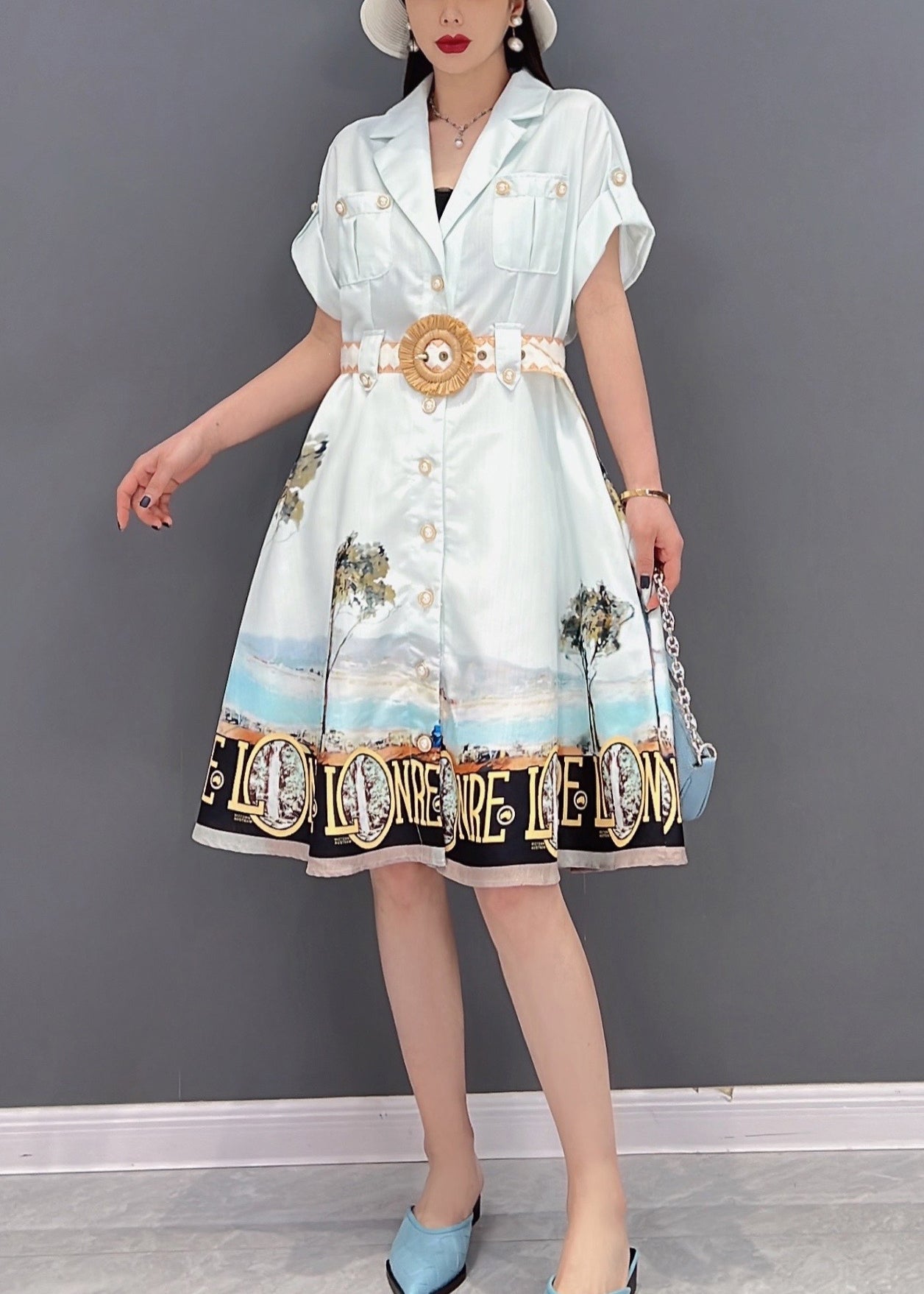 White Button Peter Pan Collar Pockets Print Silk Shirt Dress Short Sleeve