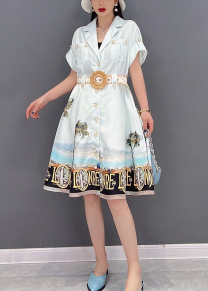 White Button Peter Pan Collar Pockets Print Silk Shirt Dress Short Sleeve
