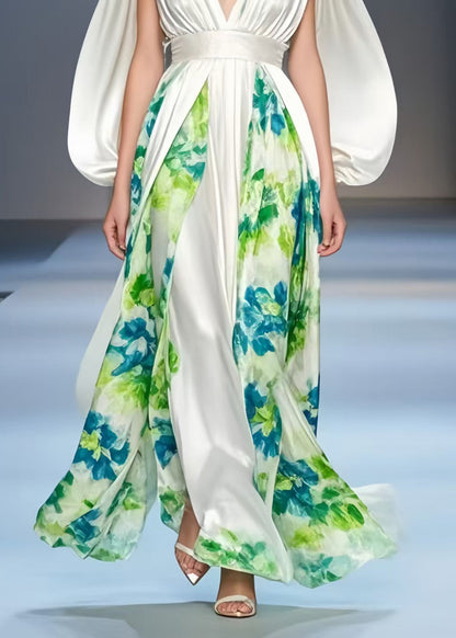 White Cinched Patchwork Silk Dress Cloak Sleeves