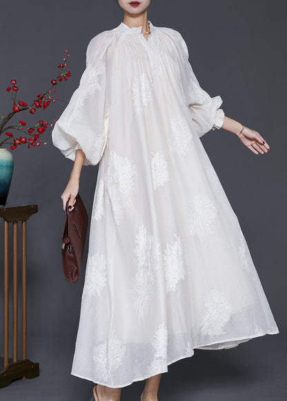 Off White Embroidered Silk Maxi Dress Lantern Sleeve