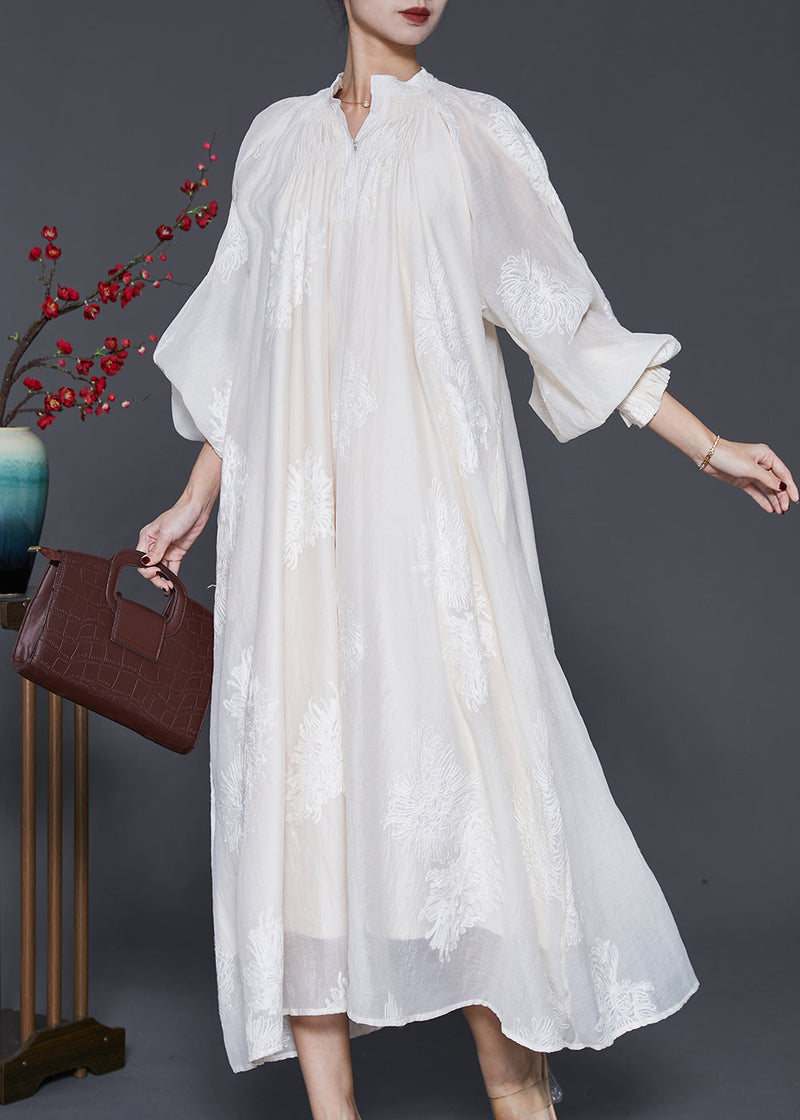 Off White Embroidered Silk Maxi Dress Lantern Sleeve