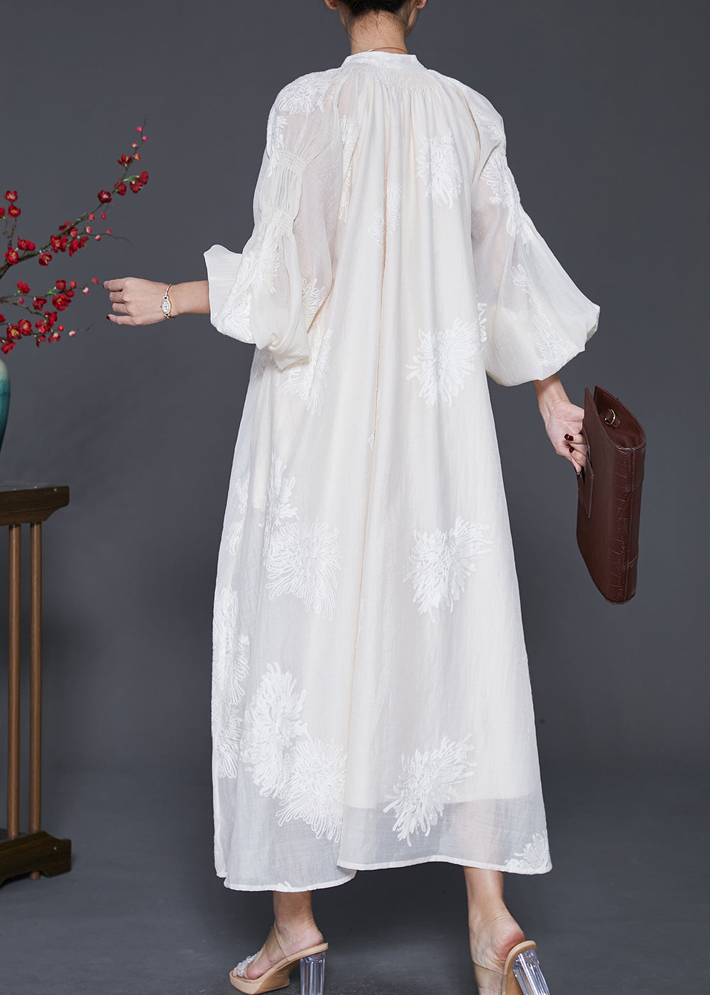 Off White Embroidered Silk Maxi Dress Lantern Sleeve