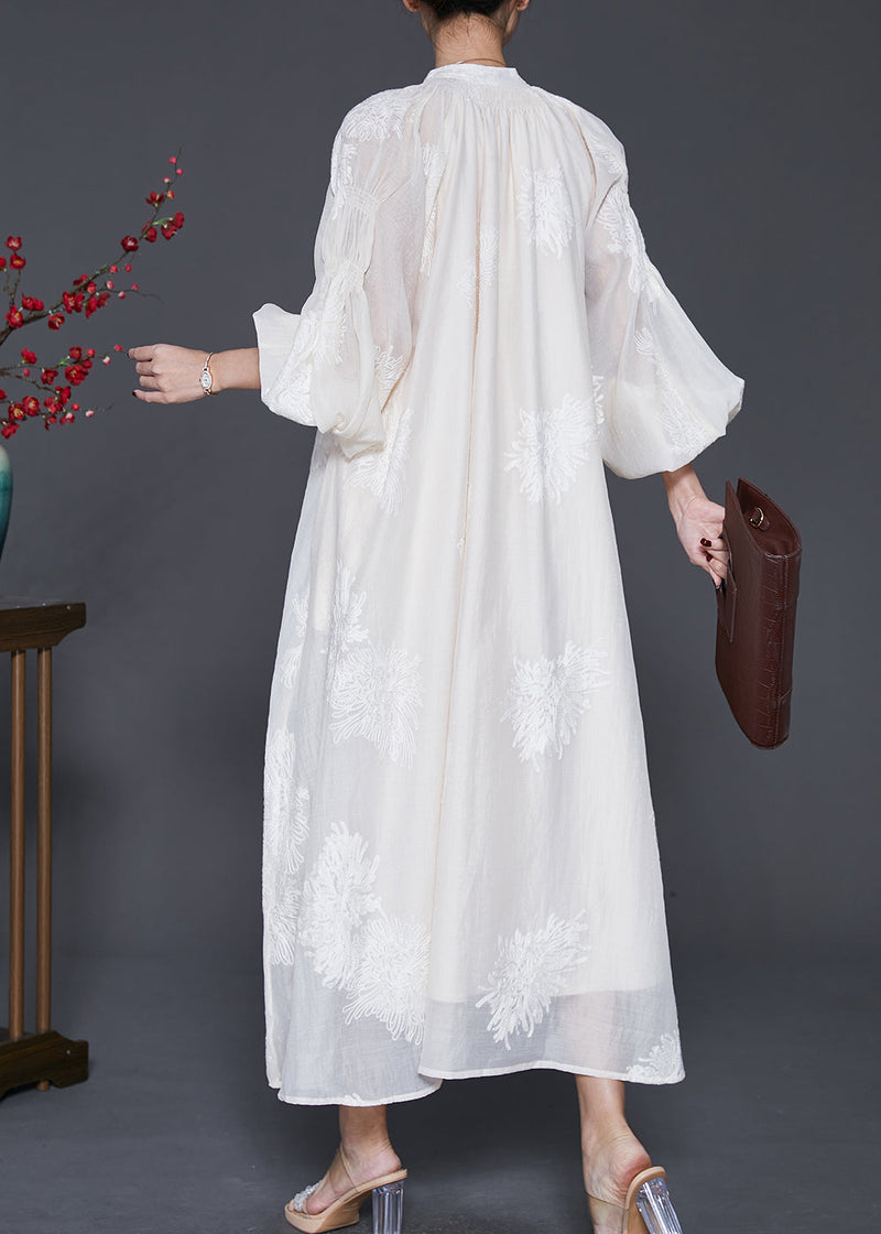 Off White Embroidered Silk Maxi Dress Lantern Sleeve
