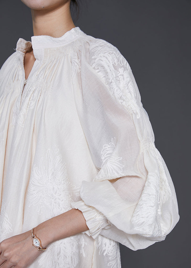 Off White Embroidered Silk Maxi Dress Lantern Sleeve