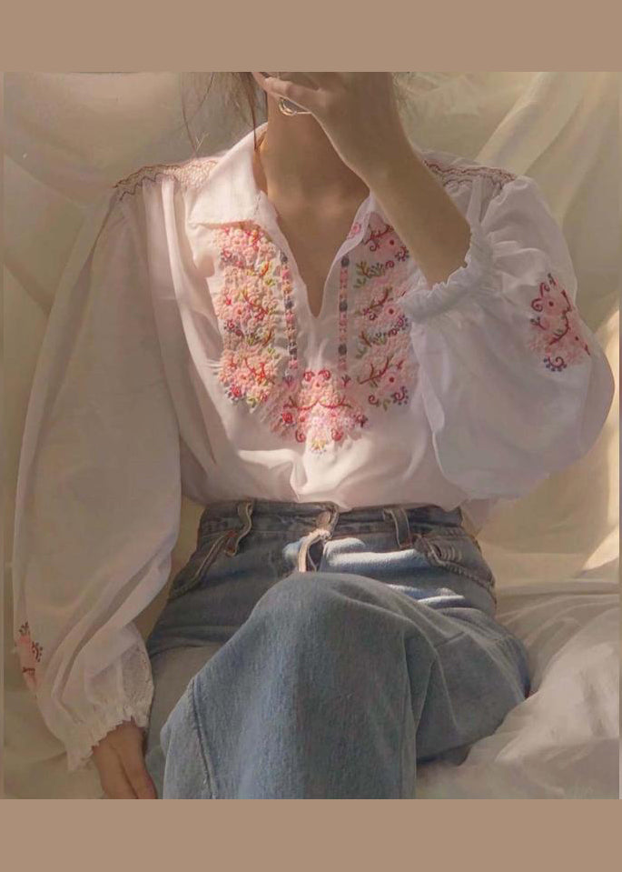 White Embroidered Patchwork Chiffon Shirt Fall