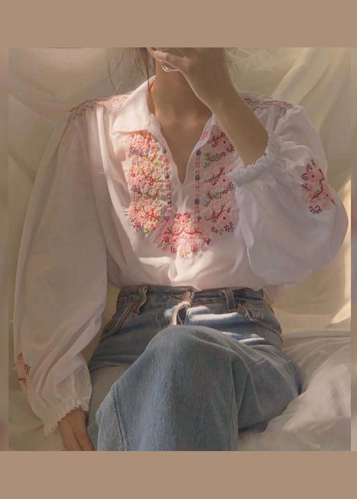 White Embroidered Patchwork Chiffon Shirt Fall