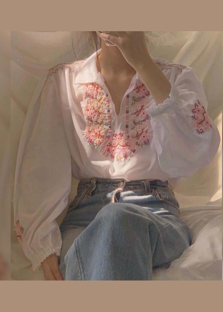 White Embroidered Patchwork Chiffon Shirt Fall