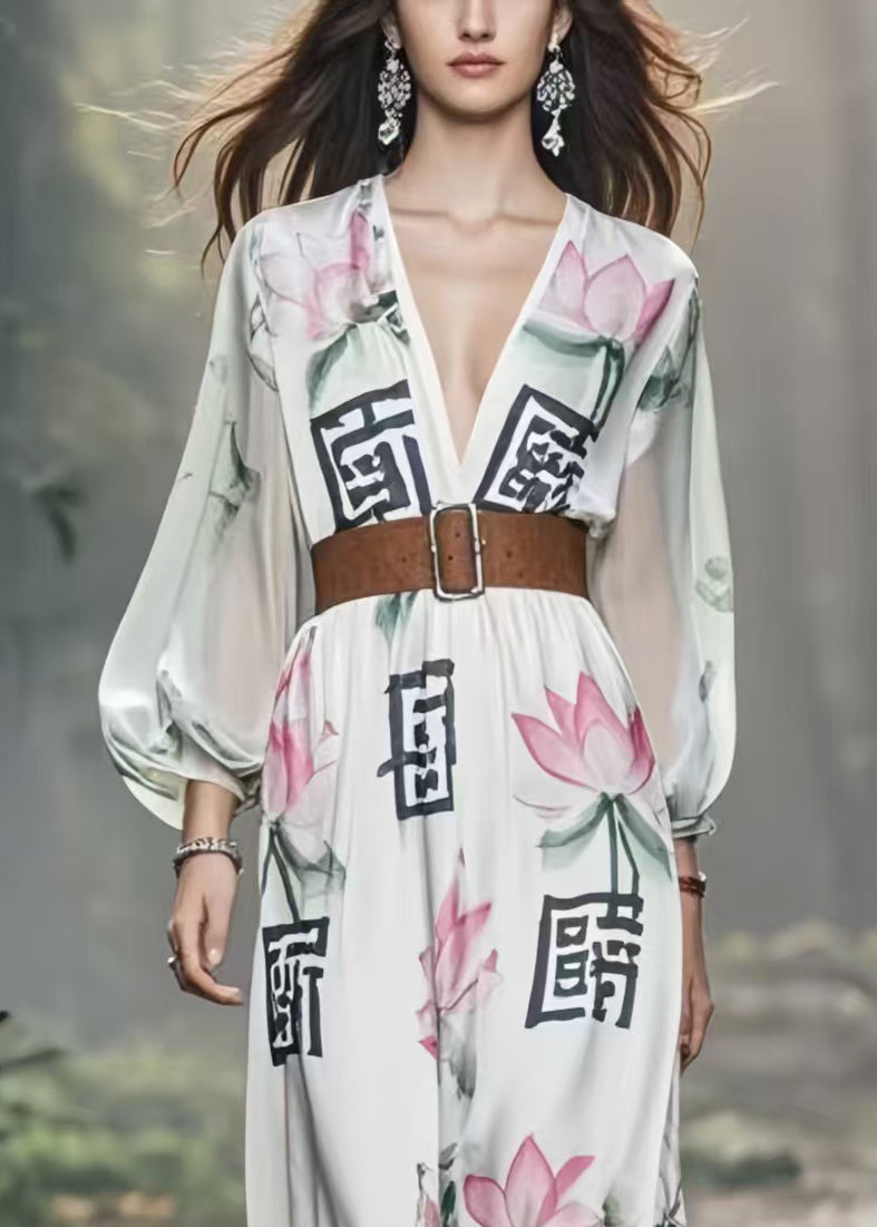 White Lotus Print Silk Holiday Tunic Dress Spring