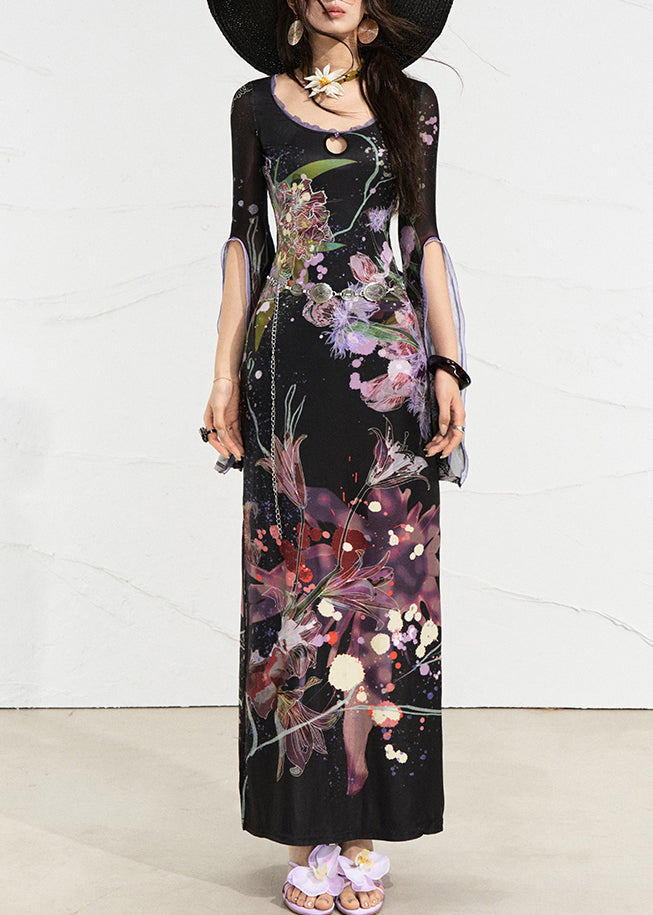 White O-neck Print Side Open Long Dress Flare Sleeve