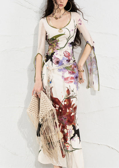 White O-neck Print Side Open Long Dress Flare Sleeve