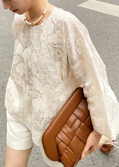 White O-neck Silk Top and Shorts Two Pieces Set Spring