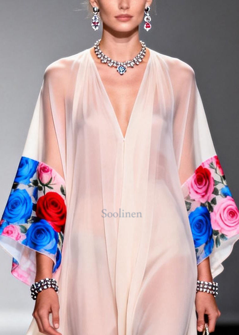 White Oversized Print Chiffon Maxi Dresses Summer