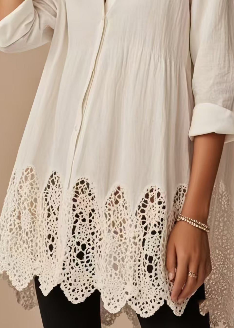 Beautiful White Oversized Hollow Out Cotton Long Top Spring