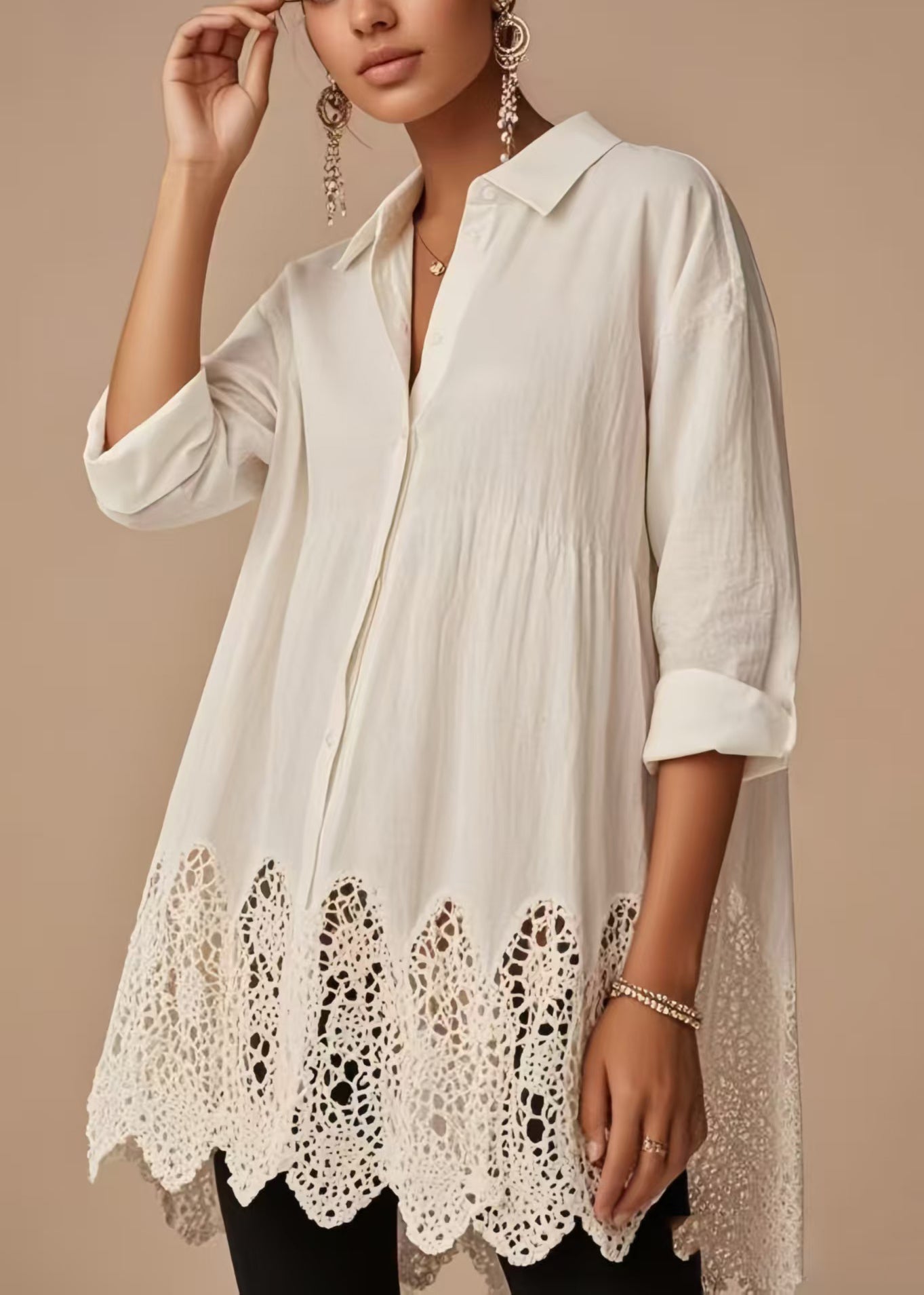 Beautiful White Oversized Hollow Out Cotton Long Top Spring