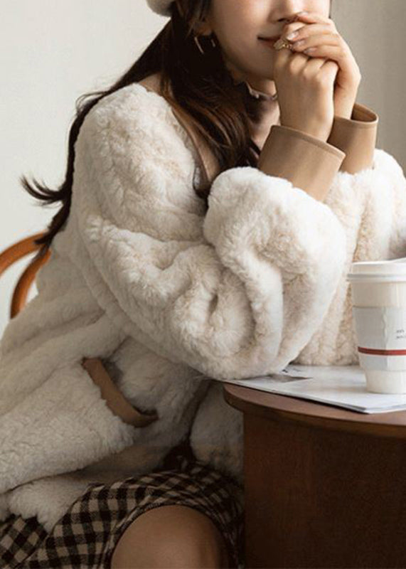 White Peter Pan Collar Button Faux Fur Coats Winter