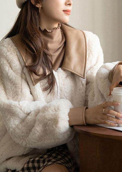 White Peter Pan Collar Button Faux Fur Coats Winter