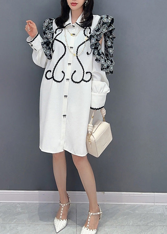 White Peter Pan Collar Print Button Maxi Shirts Dresses Puff Sleeve