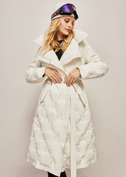 White Peter Pan Collar Color Sashes Warm Duck Down Puffer Jacket Winter