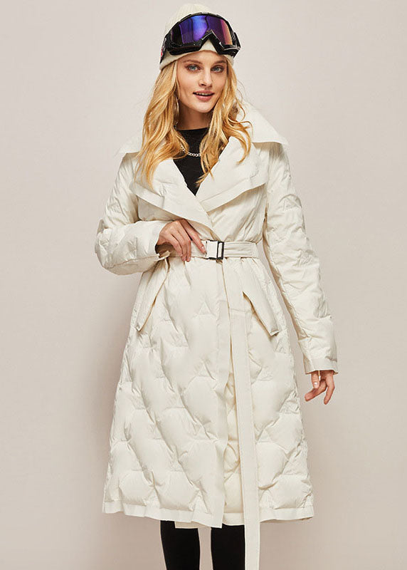 White Peter Pan Collar Color Sashes Warm Duck Down Puffer Jacket Winter